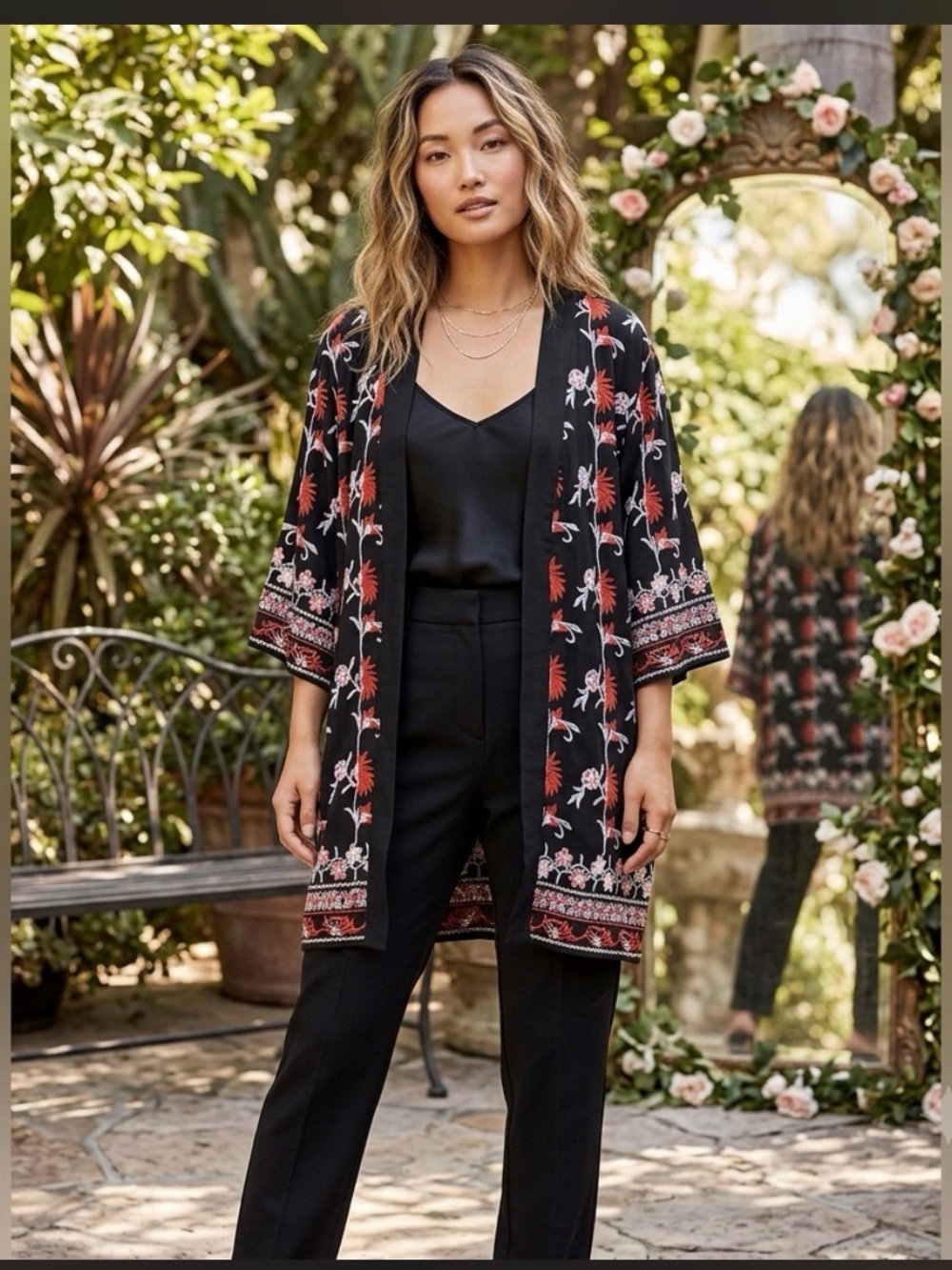 Rd+ Koko X Anthropologie Black Floral Embroidered Kimono Small.
